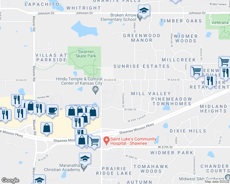 map of restaurants, bars, coffee shops, grocery stores, and more near 6333 Darnell Street in Shawnee