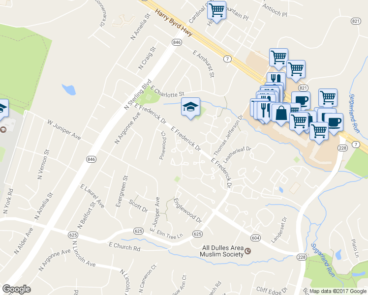 map of restaurants, bars, coffee shops, grocery stores, and more near 21786 Rockwood Terrace in Sterling