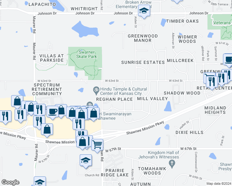 map of restaurants, bars, coffee shops, grocery stores, and more near 6331 Darnell Street in Shawnee
