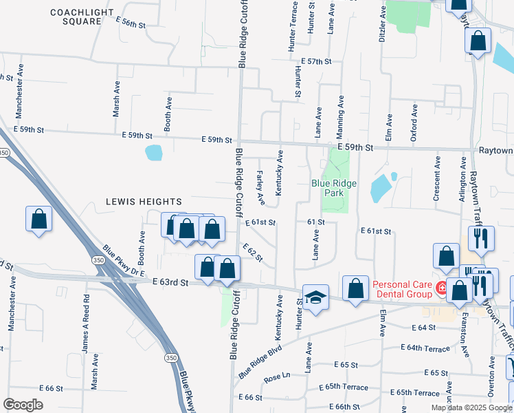 map of restaurants, bars, coffee shops, grocery stores, and more near 6016 Farley Avenue in Raytown