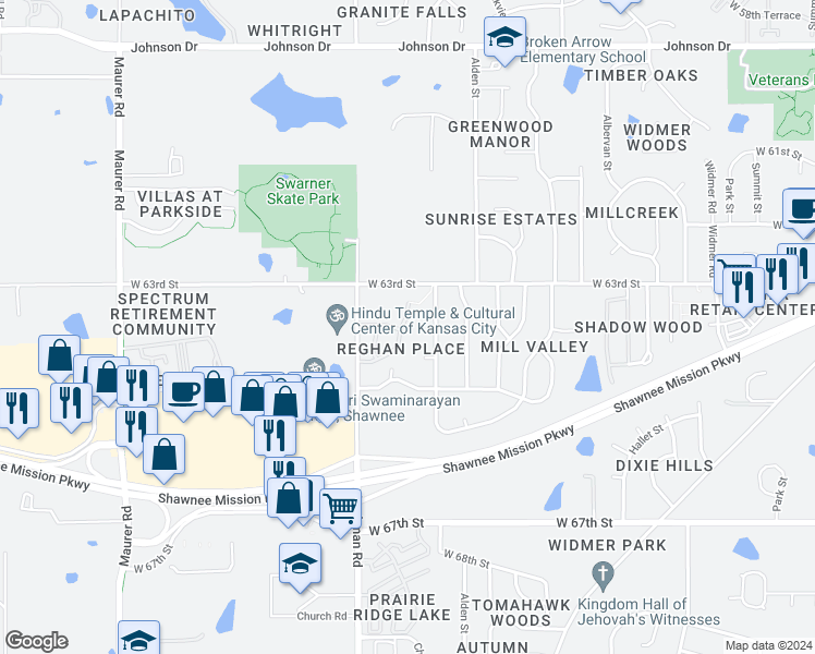 map of restaurants, bars, coffee shops, grocery stores, and more near 6329 Darnell Street in Shawnee