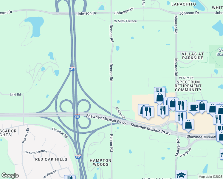 map of restaurants, bars, coffee shops, grocery stores, and more near 6308 Renner Road in Shawnee