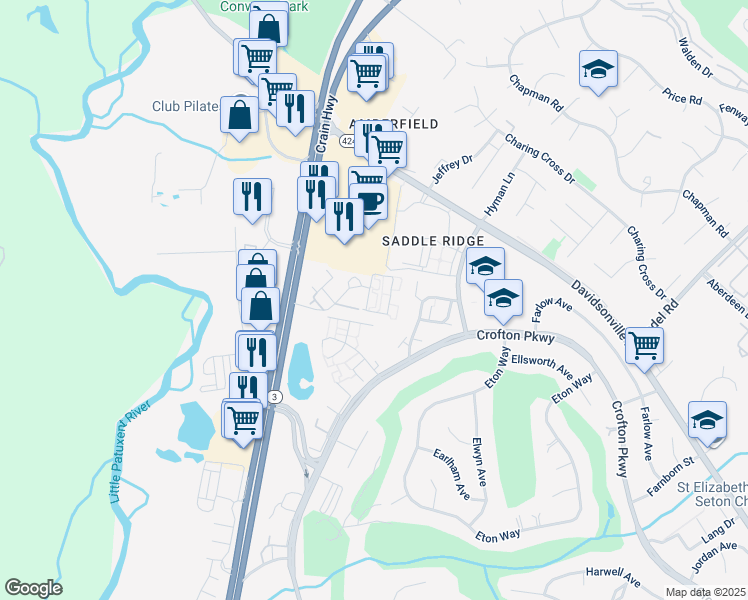 map of restaurants, bars, coffee shops, grocery stores, and more near 1567 Fallowfield Court in Crofton