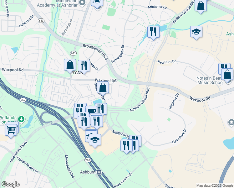 map of restaurants, bars, coffee shops, grocery stores, and more near 21795 Ladyslipper Square in Ashburn