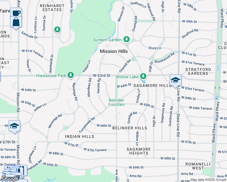 map of restaurants, bars, coffee shops, grocery stores, and more near 6430 Belinder Avenue in Mission Hills