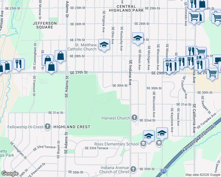 map of restaurants, bars, coffee shops, grocery stores, and more near 1031 SE 30th St in Topeka