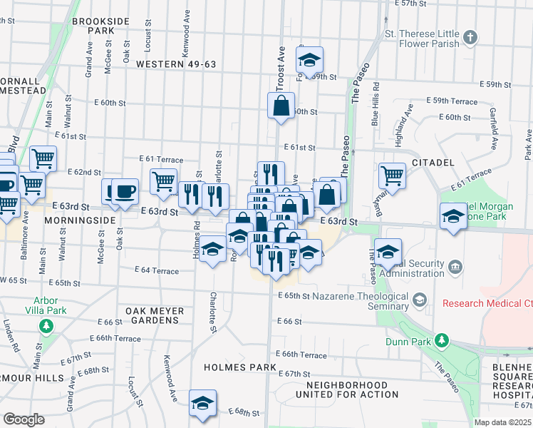 map of restaurants, bars, coffee shops, grocery stores, and more near 6238 Troost Avenue in Kansas City
