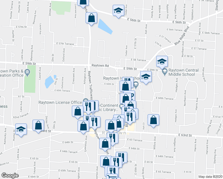 map of restaurants, bars, coffee shops, grocery stores, and more near 9912 East 60th Terrace in Raytown