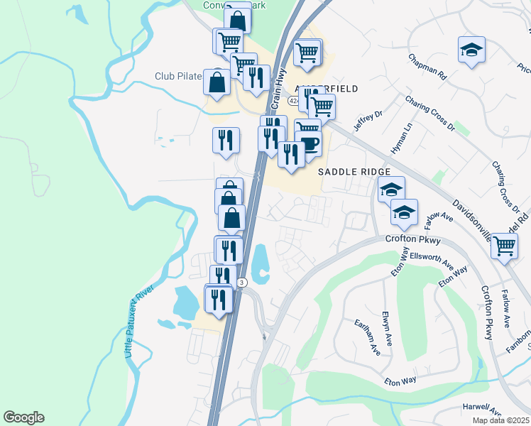 map of restaurants, bars, coffee shops, grocery stores, and more near 1440 Nutwood Court in Crofton