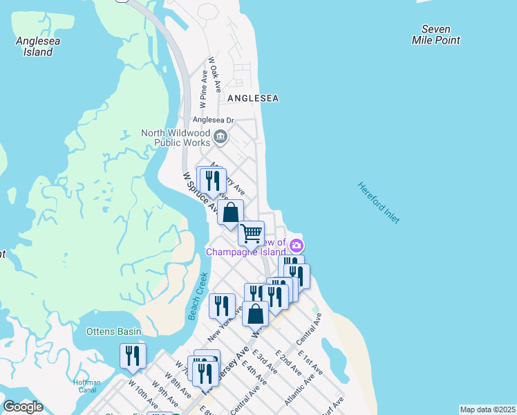 map of restaurants, bars, coffee shops, grocery stores, and more near 55 Anglesea Drive in North Wildwood