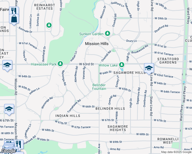 map of restaurants, bars, coffee shops, grocery stores, and more near 6430 Belinder Avenue in Mission Hills