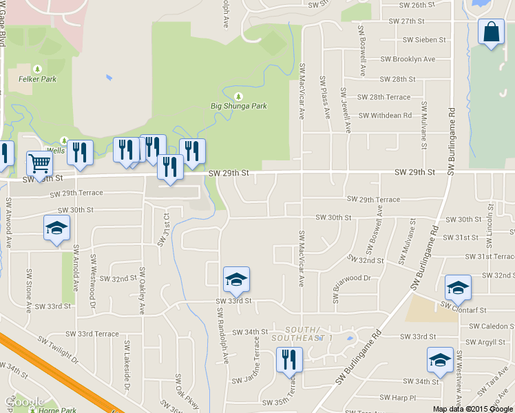 map of restaurants, bars, coffee shops, grocery stores, and more near 2413 SW 29th Terrace in Topeka