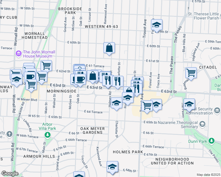 map of restaurants, bars, coffee shops, grocery stores, and more near 661 East 63rd Street in Kansas City