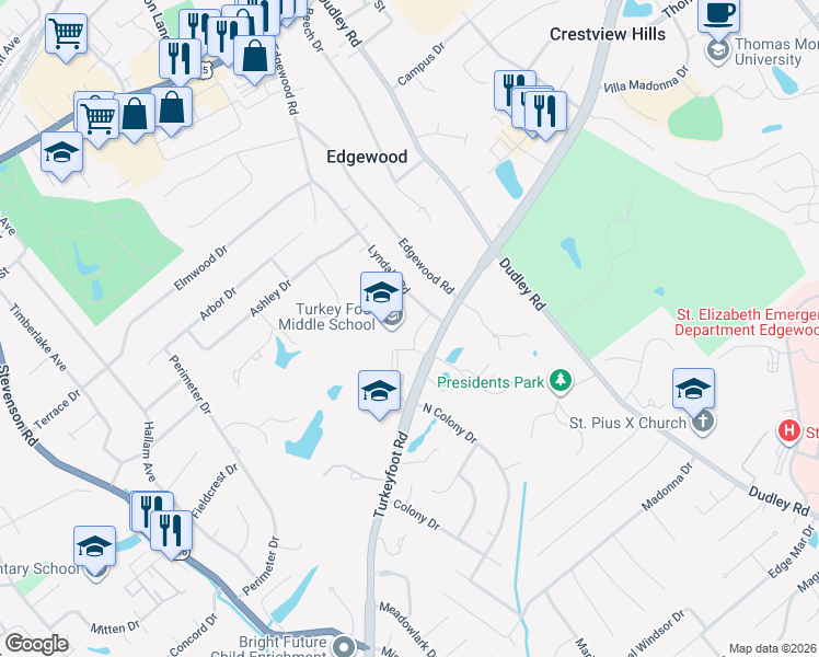 map of restaurants, bars, coffee shops, grocery stores, and more near 3212 Turkeyfoot Road in Edgewood