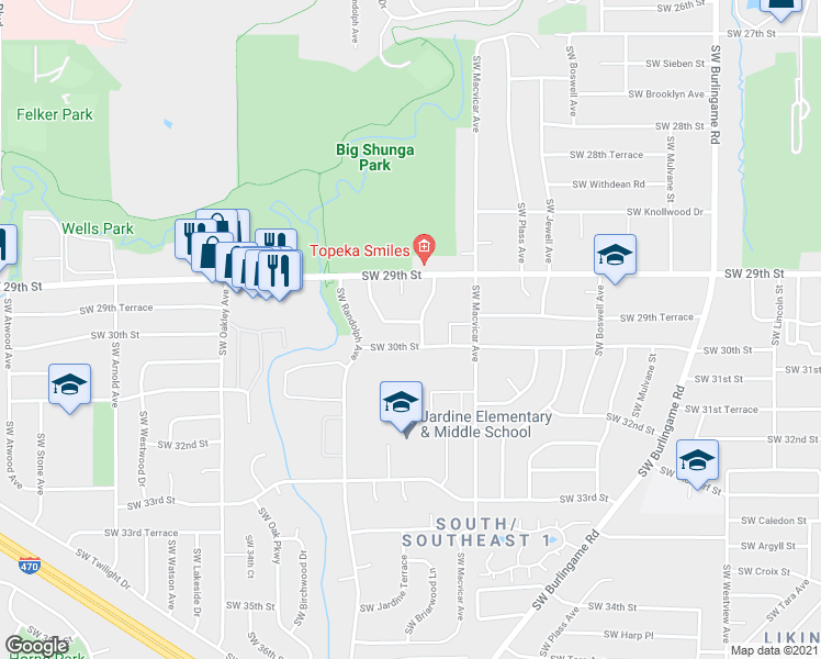 map of restaurants, bars, coffee shops, grocery stores, and more near 2407 SW 29th Terrace in Topeka
