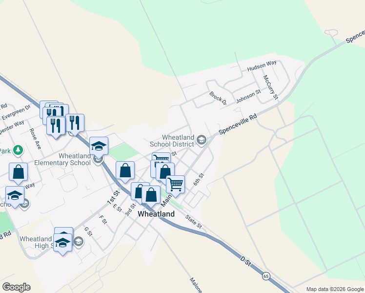 map of restaurants, bars, coffee shops, grocery stores, and more near 212 Mesa Street in Wheatland