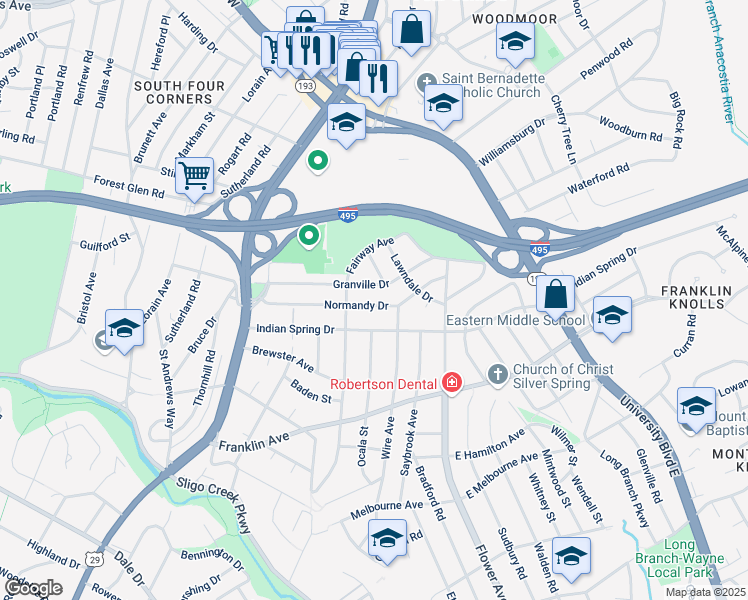 map of restaurants, bars, coffee shops, grocery stores, and more near 117 Normandy Drive in Silver Spring