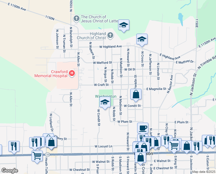 map of restaurants, bars, coffee shops, grocery stores, and more near 900-998 North Robb Street in Robinson