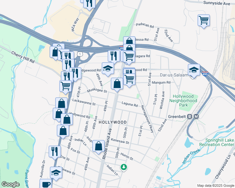 map of restaurants, bars, coffee shops, grocery stores, and more near 9803 Rhode Island Avenue in College Park