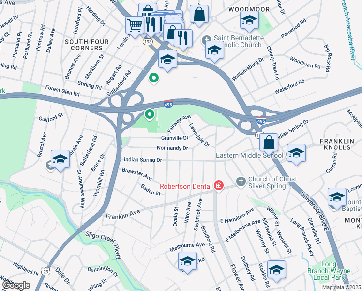 map of restaurants, bars, coffee shops, grocery stores, and more near 117 Normandy Drive in Silver Spring