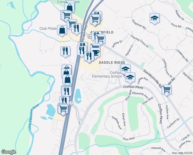 map of restaurants, bars, coffee shops, grocery stores, and more near 1567 Fallowfield Court in Crofton