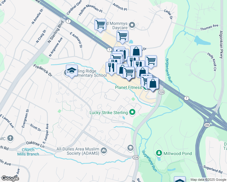 map of restaurants, bars, coffee shops, grocery stores, and more near 46835 Trumpet Circle in Sterling