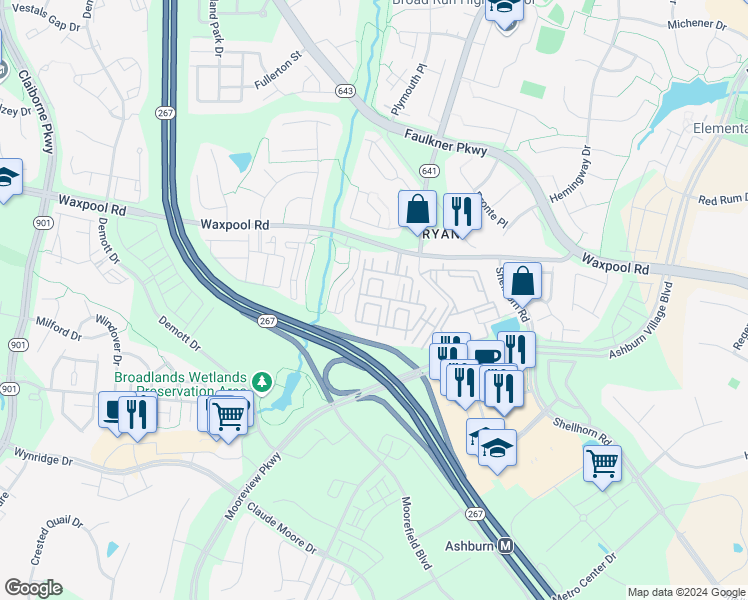 map of restaurants, bars, coffee shops, grocery stores, and more near 21808 Jarvis Square in Ashburn