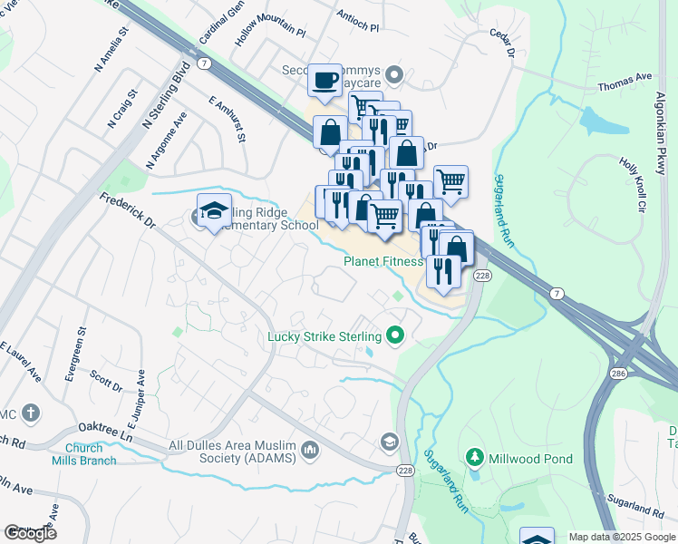 map of restaurants, bars, coffee shops, grocery stores, and more near 46835 Trumpet Circle in Sterling