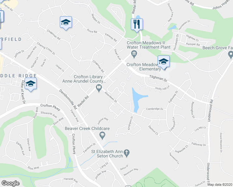map of restaurants, bars, coffee shops, grocery stores, and more near 1748 Copley Court in Crofton