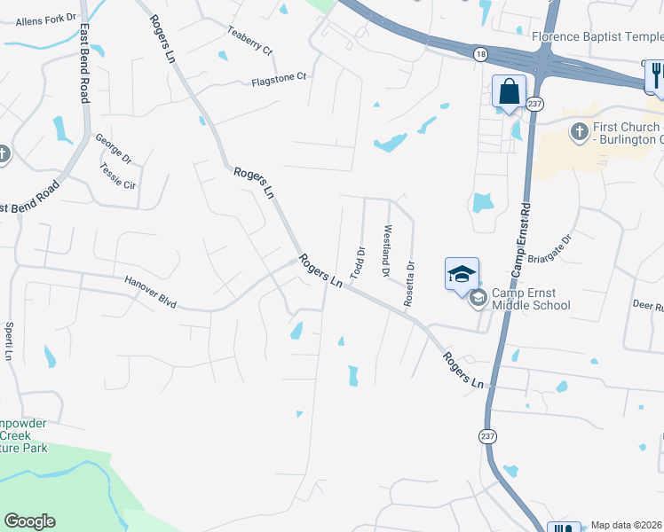 map of restaurants, bars, coffee shops, grocery stores, and more near 6543 Oak Crest Drive in Burlington