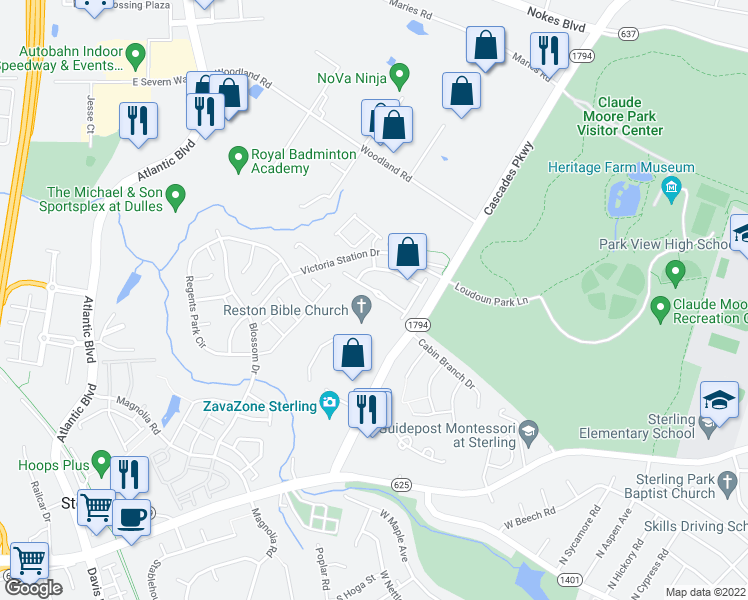 map of restaurants, bars, coffee shops, grocery stores, and more near 45775 Smoketree Terrace in Sterling