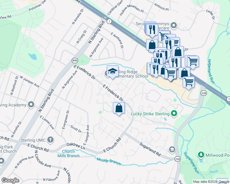 map of restaurants, bars, coffee shops, grocery stores, and more near 46722 Fielding Terrace in Sterling