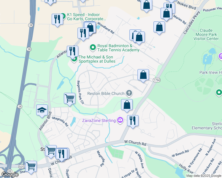 map of restaurants, bars, coffee shops, grocery stores, and more near 21773 Brondesbury Park Terrace in Sterling