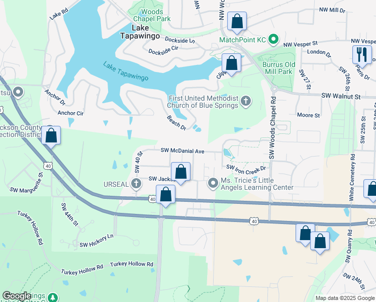 map of restaurants, bars, coffee shops, grocery stores, and more near 3804 SW Mcdanial Ave in Blue Springs