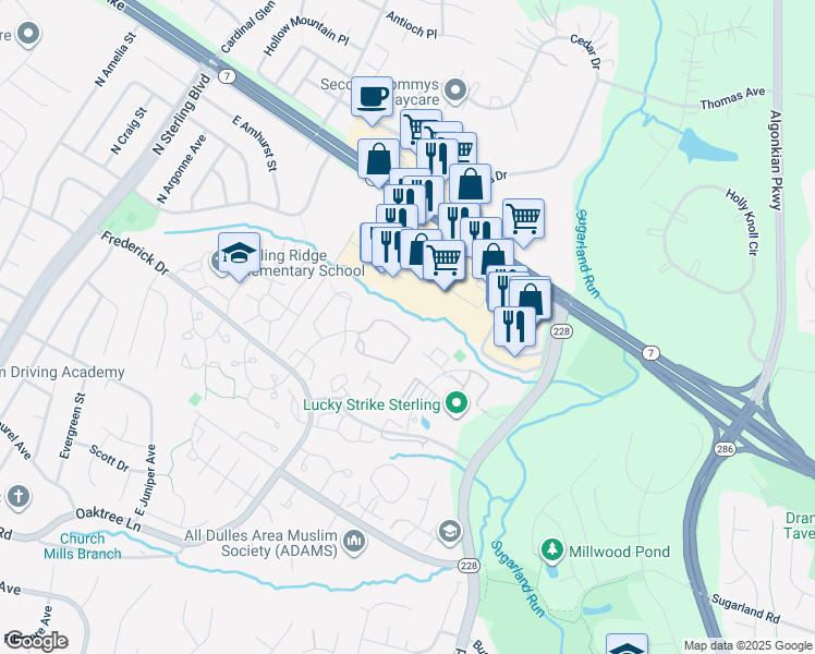map of restaurants, bars, coffee shops, grocery stores, and more near 46848 Trumpet Circle in Sterling