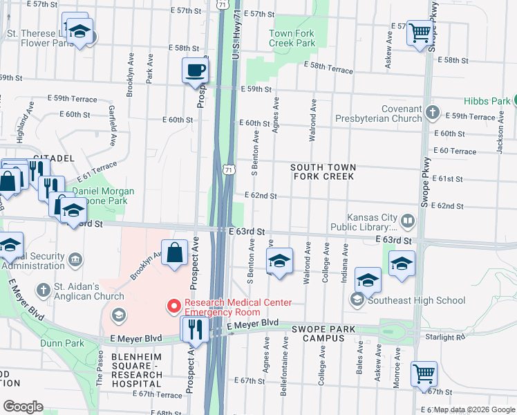 map of restaurants, bars, coffee shops, grocery stores, and more near 6215 South Benton Avenue in Kansas City