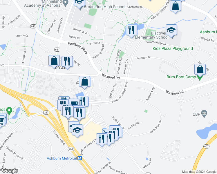 map of restaurants, bars, coffee shops, grocery stores, and more near 21839 Ladyslipper Square in Ashburn