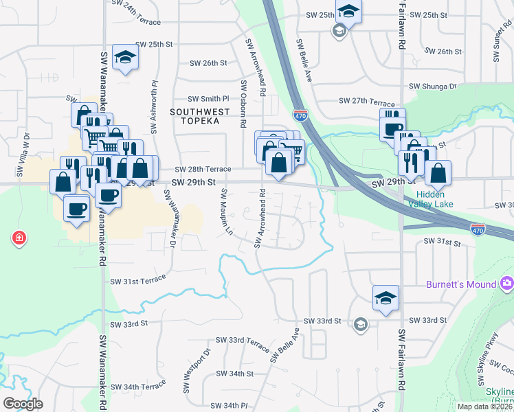 map of restaurants, bars, coffee shops, grocery stores, and more near 2925 Southwest Arrowhead Road in Topeka
