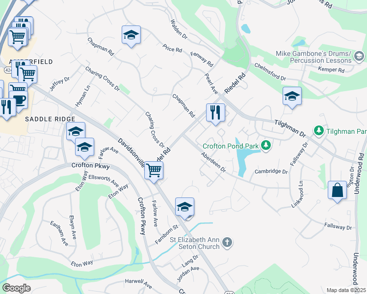map of restaurants, bars, coffee shops, grocery stores, and more near 1681 Riedel Road in Crofton