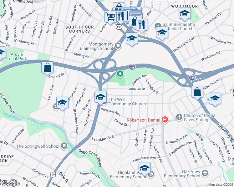 map of restaurants, bars, coffee shops, grocery stores, and more near 219 Normandy Dr in Silver Spring
