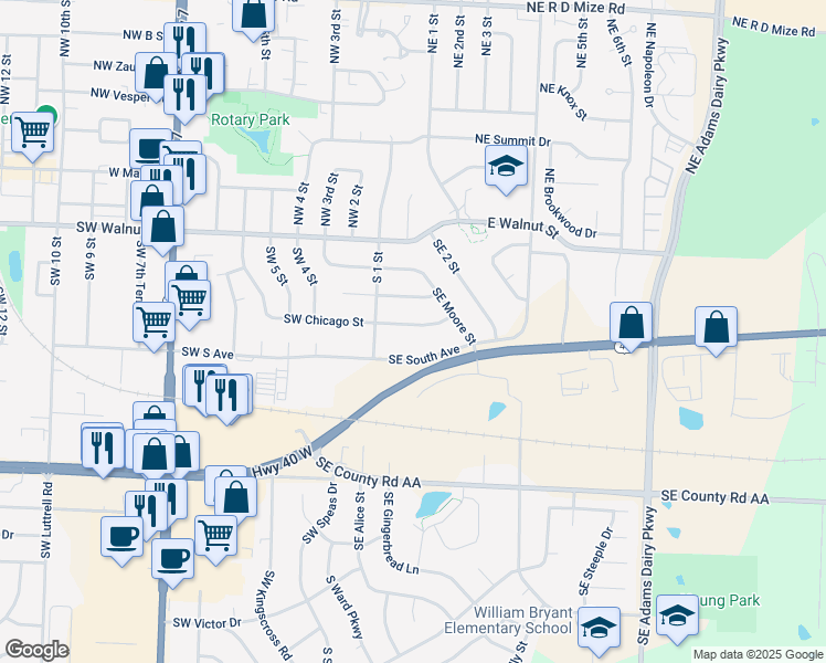 map of restaurants, bars, coffee shops, grocery stores, and more near 204 Southeast Chicago Street in Blue Springs