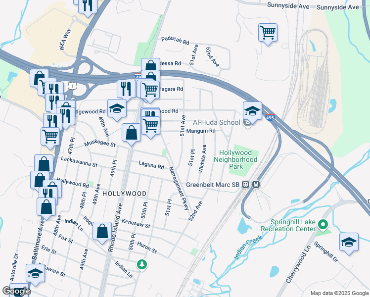 map of restaurants, bars, coffee shops, grocery stores, and more near 9731 51st Avenue in College Park