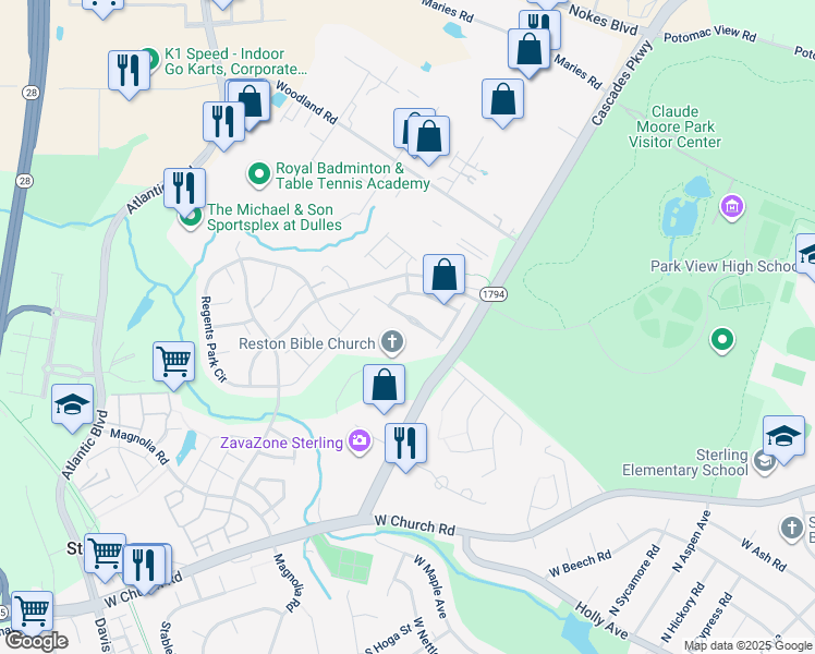 map of restaurants, bars, coffee shops, grocery stores, and more near 45773 Smoketree Terrace in Sterling