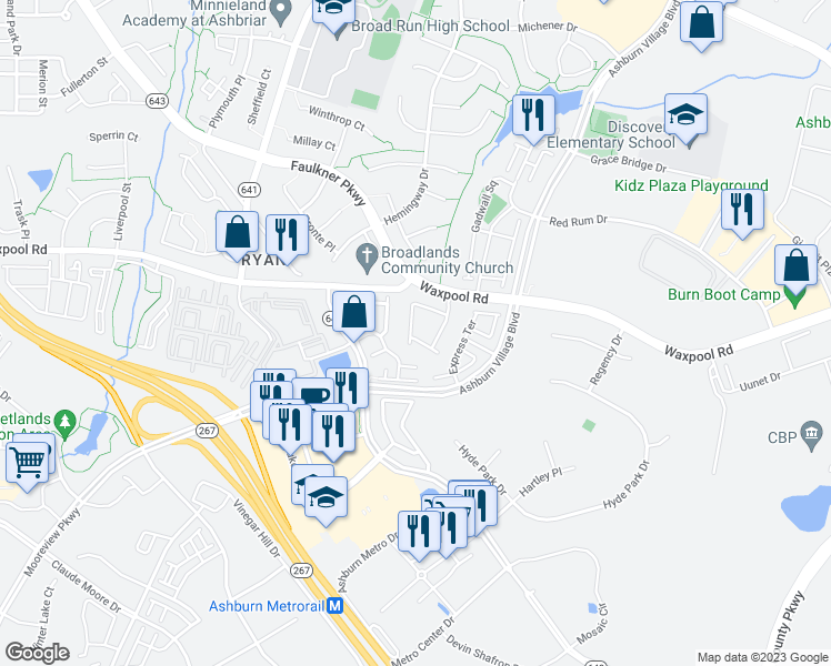 map of restaurants, bars, coffee shops, grocery stores, and more near 21792 Ladyslipper Square in Ashburn