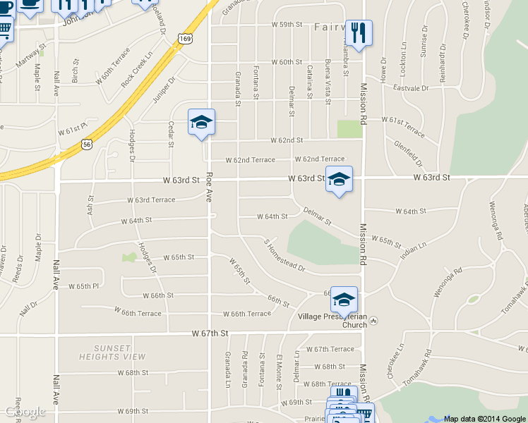 map of restaurants, bars, coffee shops, grocery stores, and more near 4404 W 64th St in Prairie Village