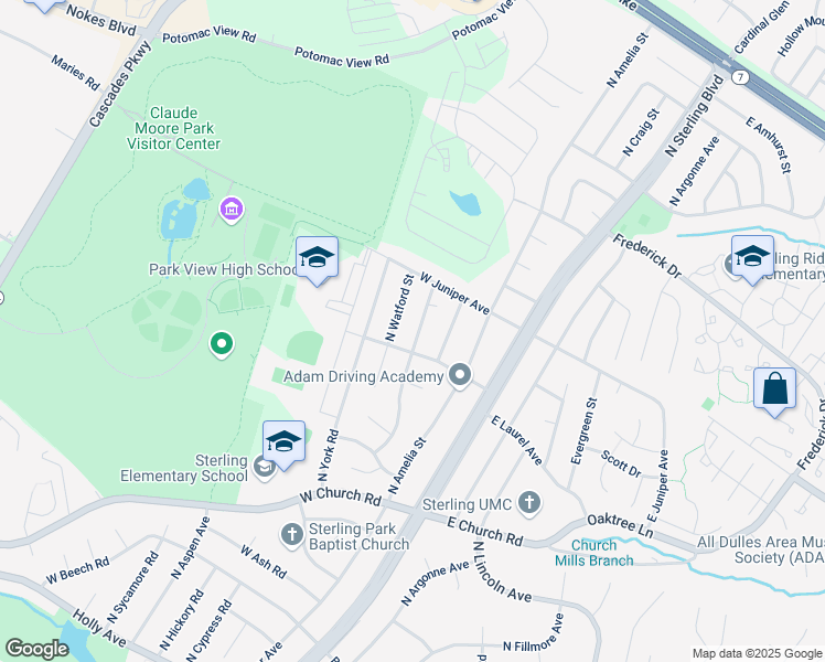 map of restaurants, bars, coffee shops, grocery stores, and more near 805 North Vernon Street in Sterling
