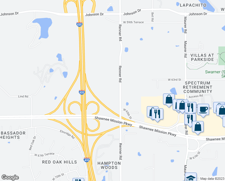 map of restaurants, bars, coffee shops, grocery stores, and more near 6304 Renner Road in Shawnee