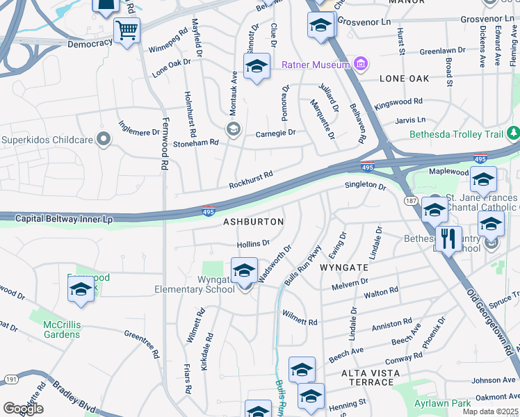 map of restaurants, bars, coffee shops, grocery stores, and more near 9831 Singleton Drive in Bethesda