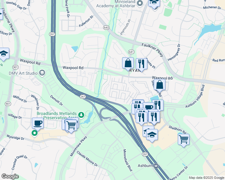 map of restaurants, bars, coffee shops, grocery stores, and more near 21800 Jarvis Square in Ashburn