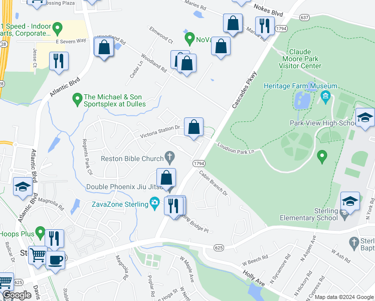 map of restaurants, bars, coffee shops, grocery stores, and more near 45788 Smoketree Terrace in Sterling